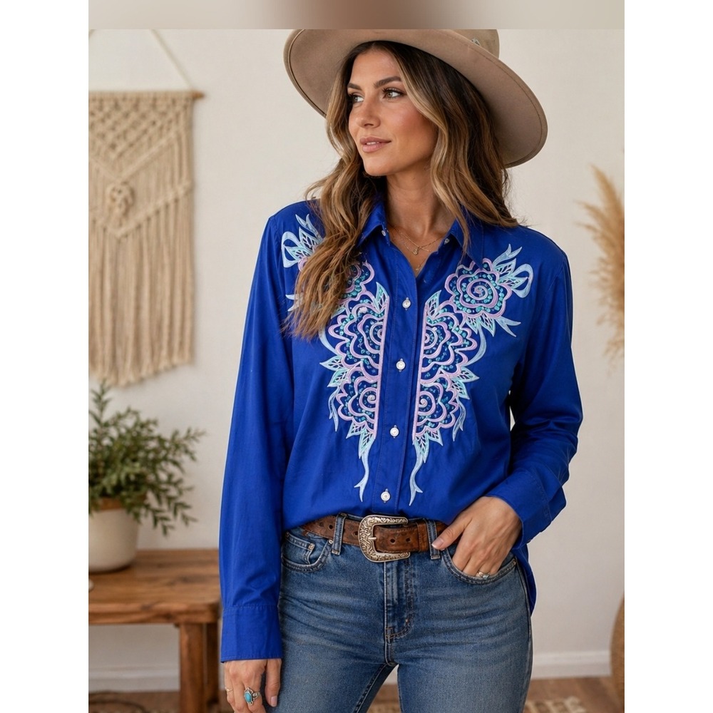 BoMojo Wearable Art XL Cobalt Blue Embroidered Sequin Western Button-Up Shirt